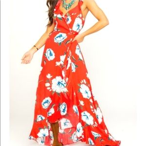 Miss Me Red Floral Ruffled Sleeveless V-neck Maxi Wrap Dress NEW Size Medium